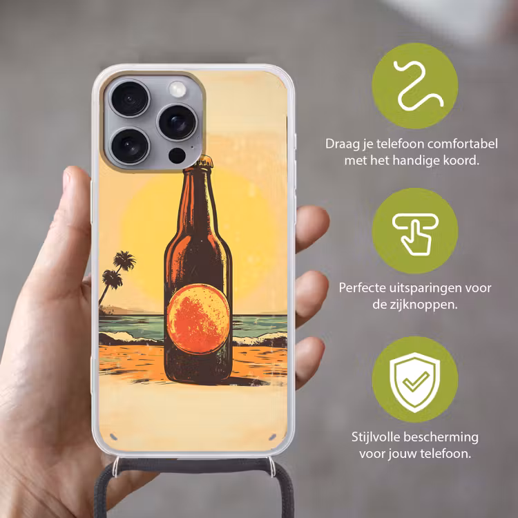 Bierfles - Zonsondergang - Palmbomen - Zee Hoesje iPhone 16 Pro Max met koord klein -sfeer2_NL