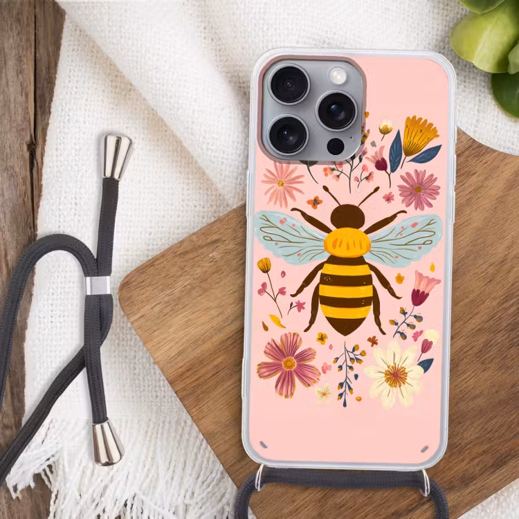 Bij - Geel - Bloemen - Kleurrijk Hoesje iPhone 16 Pro Max met koord klein -sfeer4