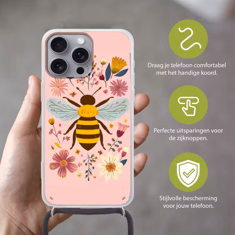 Bij - Geel - Bloemen - Kleurrijk Hoesje iPhone 16 Pro Max met koord klein -sfeer2_NL