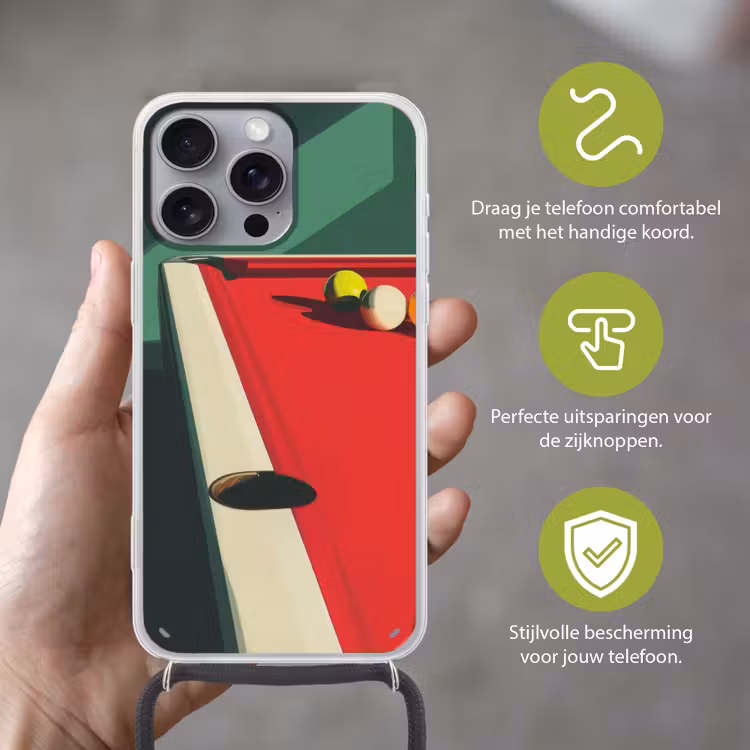 Biljarttafel - Ballen - Rood - Schaduw Hoesje iPhone 16 Pro Max met koord klein -sfeer2_NL
