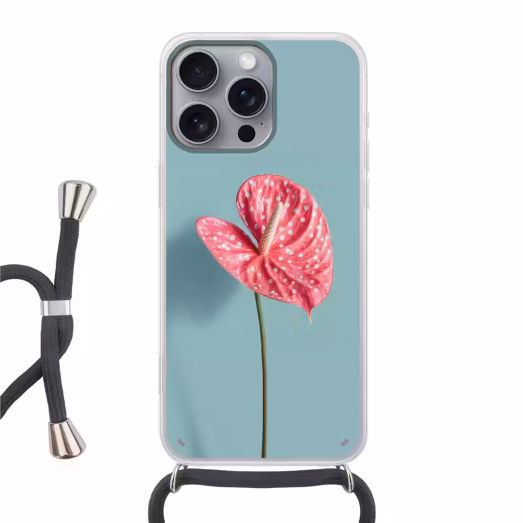 Blad - Anthurium - Stippen - Roze Hoesje iPhone 16 Pro Max met koord klein -3d