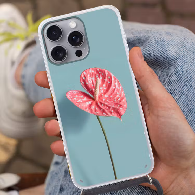 Blad - Anthurium - Stippen - Roze Hoesje iPhone 16 Pro Max met koord klein -sfeer3