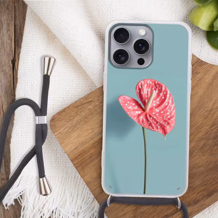 Blad - Anthurium - Stippen - Roze Hoesje iPhone 16 Pro Max met koord klein -sfeer4