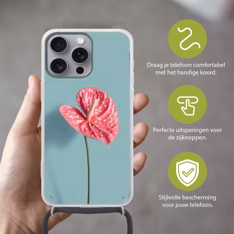 Blad - Anthurium - Stippen - Roze Hoesje iPhone 16 Pro Max met koord klein -sfeer2_NL