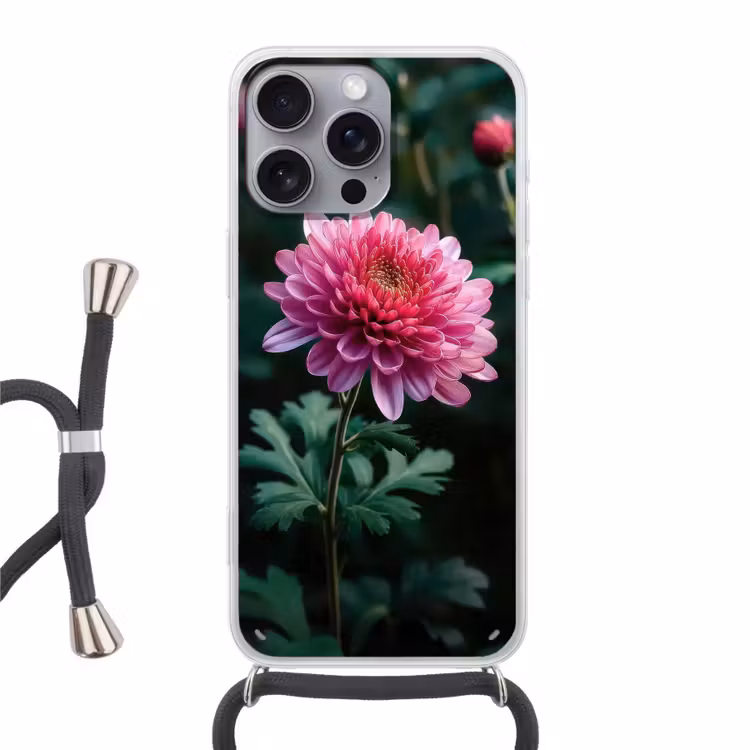 Blad - Chrysant - Roze - Schaduw Hoesje iPhone 16 Pro Max met koord klein -3d