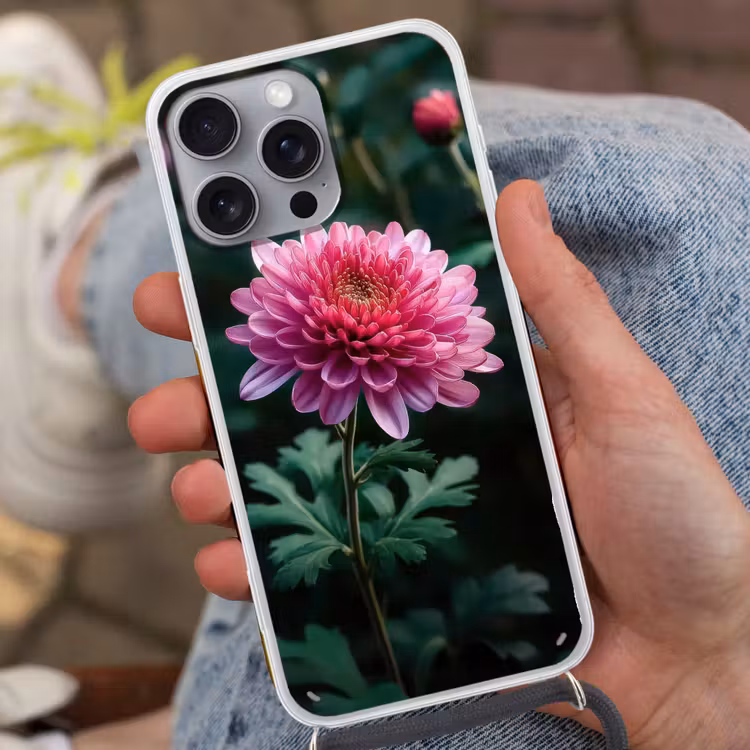 Blad - Chrysant - Roze - Schaduw Hoesje iPhone 16 Pro Max met koord klein -sfeer3