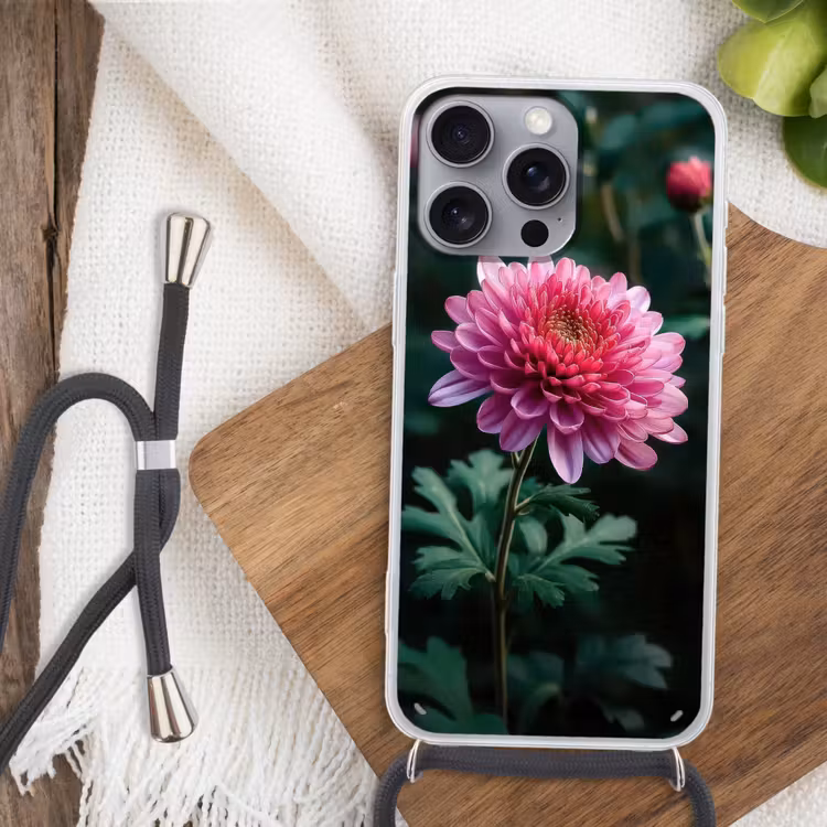 Blad - Chrysant - Roze - Schaduw Hoesje iPhone 16 Pro Max met koord klein -sfeer4