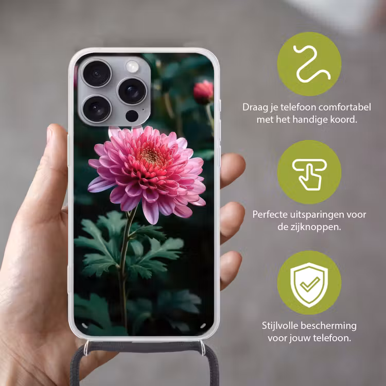 Blad - Chrysant - Roze - Schaduw Hoesje iPhone 16 Pro Max met koord klein -sfeer2_NL