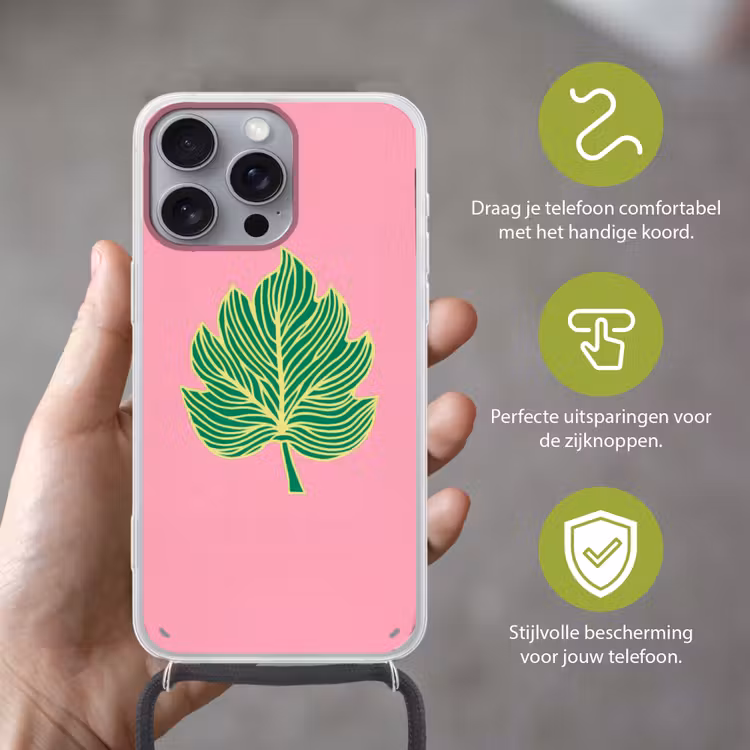 Blad - Groen - Illustratie - Minimalistisch Hoesje iPhone 16 Pro Max met koord klein -sfeer2_NL