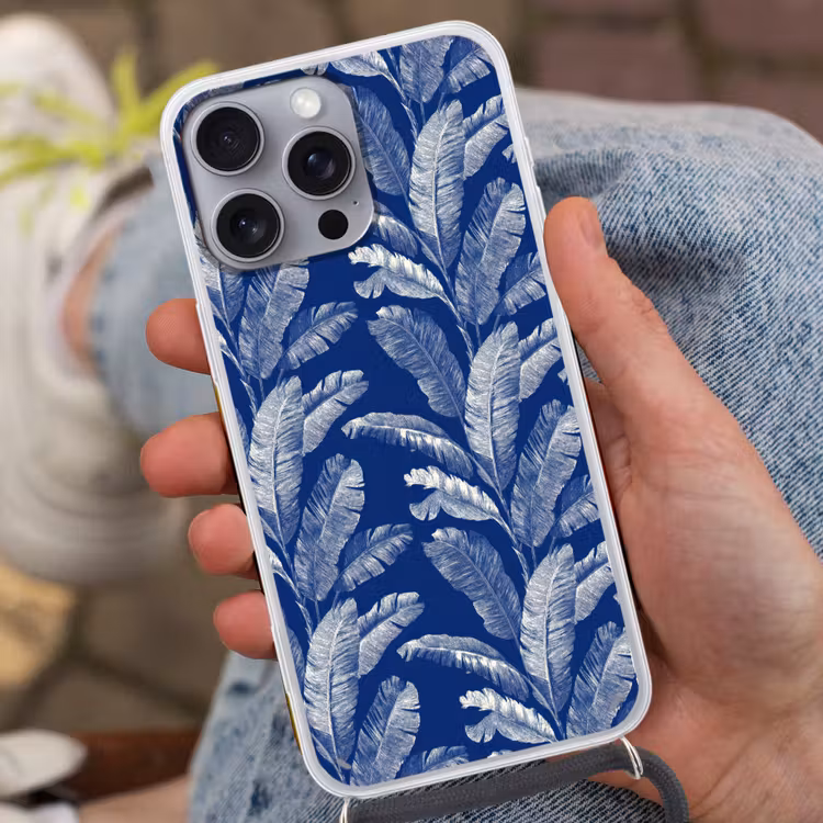 Blad - Palm - Blauw Hoesje iPhone 16 Pro Max met koord klein 804 -sfeer3