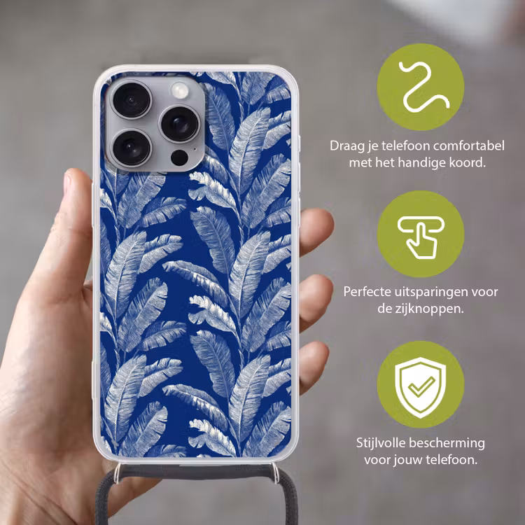 Blad - Palm - Blauw Hoesje iPhone 16 Pro Max met koord klein 804 -sfeer2_NL