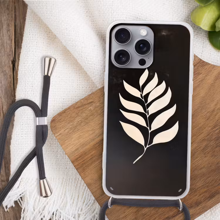 Blad - Wit - Minimalistisch Hoesje iPhone 16 Pro Max met koord klein -sfeer4