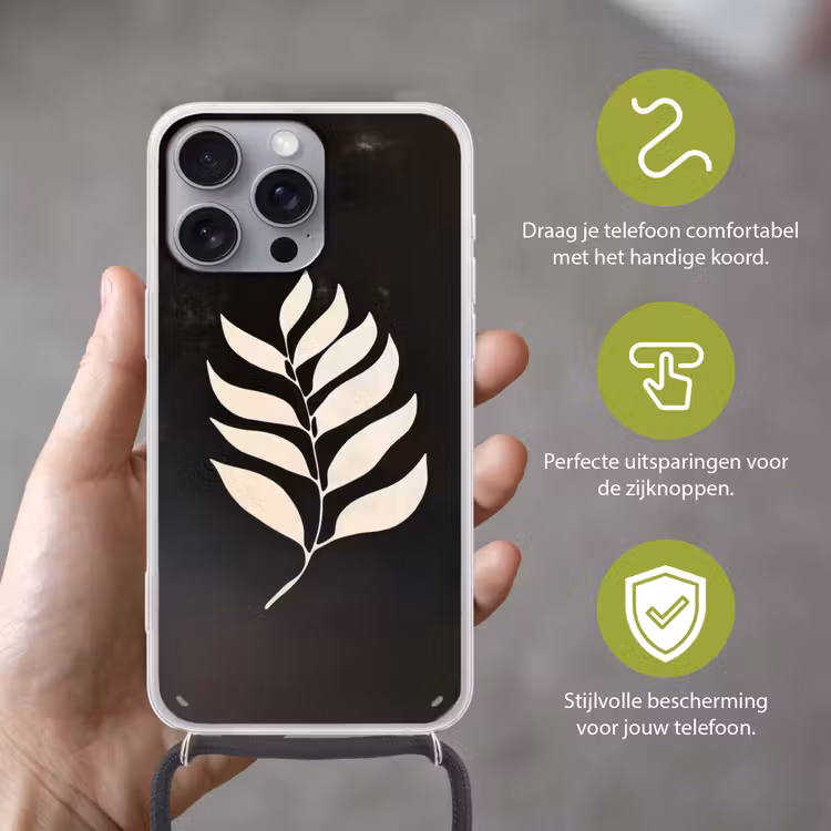 Blad - Wit - Minimalistisch Hoesje iPhone 16 Pro Max met koord klein -sfeer2_NL
