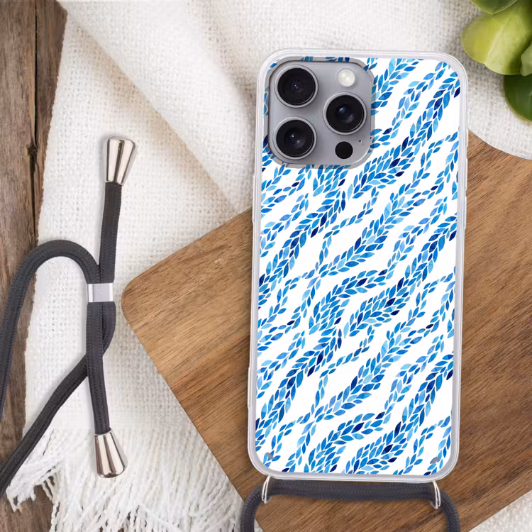 Bladeren - Aquarel - Patroon - Modern - Blauw Hoesje iPhone 16 Pro Max met koord klein -sfeer4