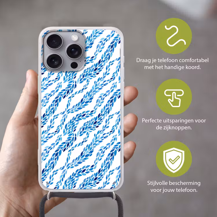 Bladeren - Aquarel - Patroon - Modern - Blauw Hoesje iPhone 16 Pro Max met koord klein -sfeer2_NL