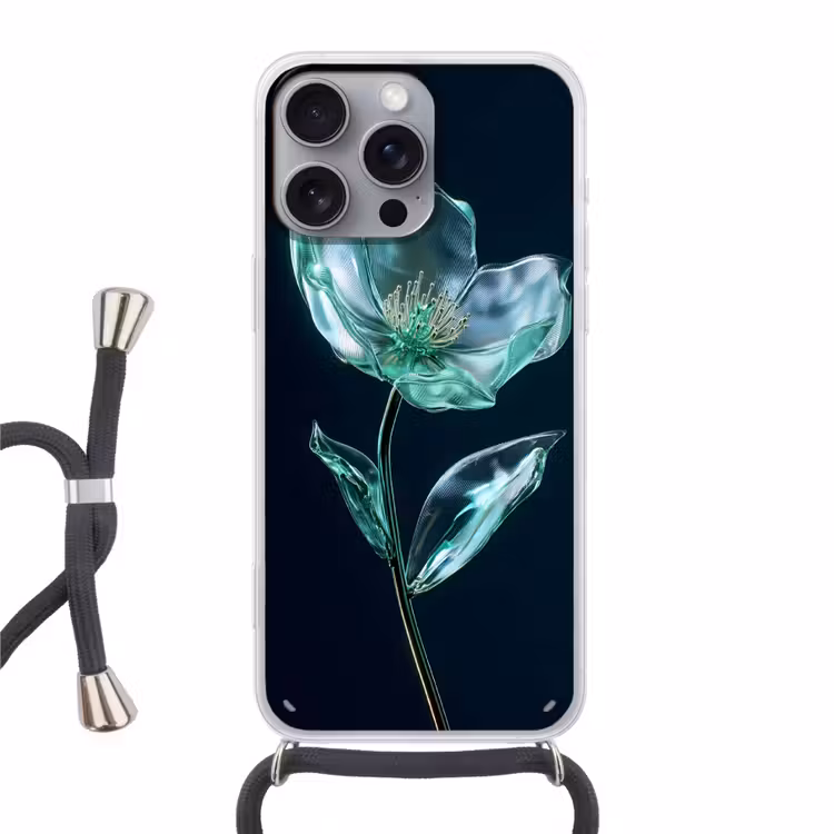 Bladeren - Bloem - Glazen - Donkerblauw Hoesje iPhone 16 Pro Max met koord klein -3d