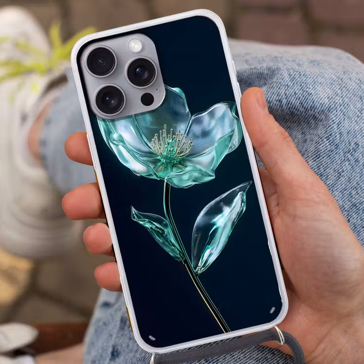 Bladeren - Bloem - Glazen - Donkerblauw Hoesje iPhone 16 Pro Max met koord klein -sfeer3