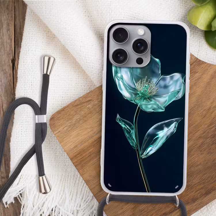 Bladeren - Bloem - Glazen - Donkerblauw Hoesje iPhone 16 Pro Max met koord klein -sfeer4