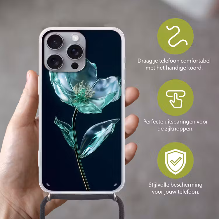 Bladeren - Bloem - Glazen - Donkerblauw Hoesje iPhone 16 Pro Max met koord klein -sfeer2_NL