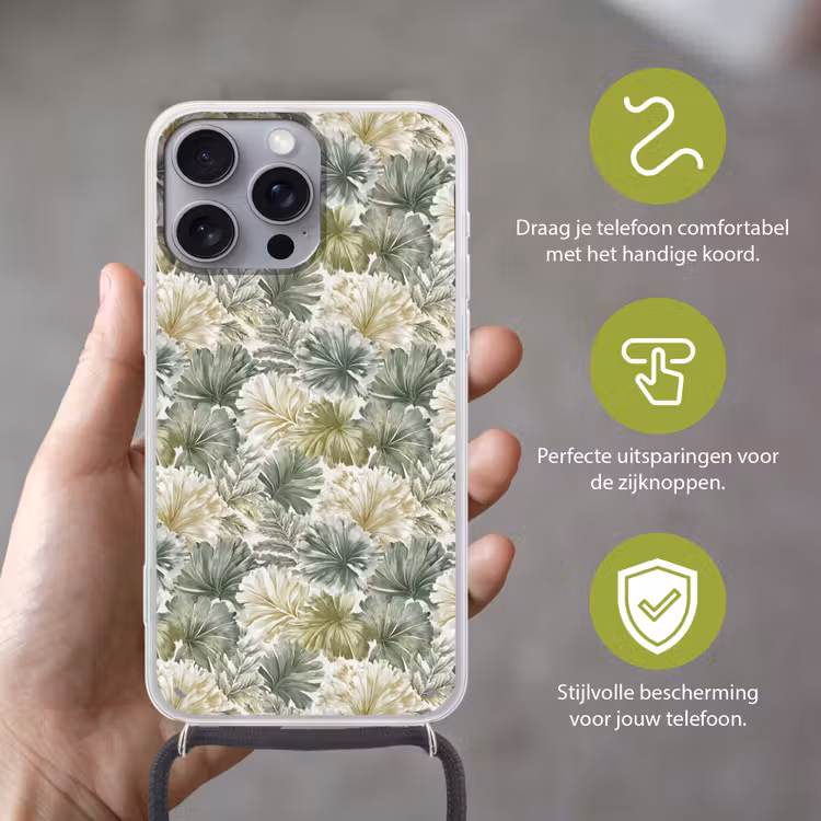 Bladeren - Botanisch - Groen Hoesje iPhone 16 Pro Max met koord klein 804 -sfeer2_NL