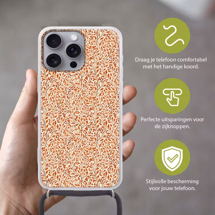 Bladeren - Botanisch - Terracotta Hoesje iPhone 16 Pro Max met koord klein 804 -sfeer2_NL