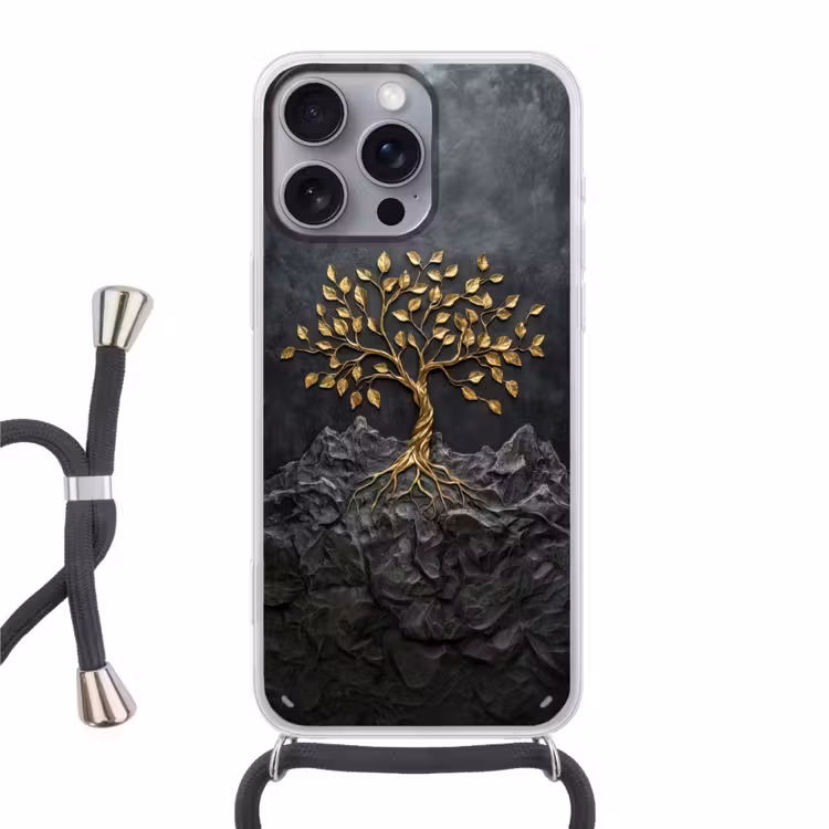 Bladeren - Goud - Boom - Rots Hoesje iPhone 16 Pro Max met koord klein -3d