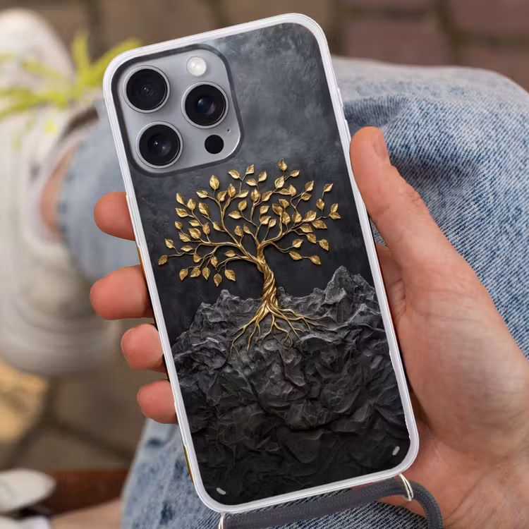 Bladeren - Goud - Boom - Rots Hoesje iPhone 16 Pro Max met koord klein -sfeer3