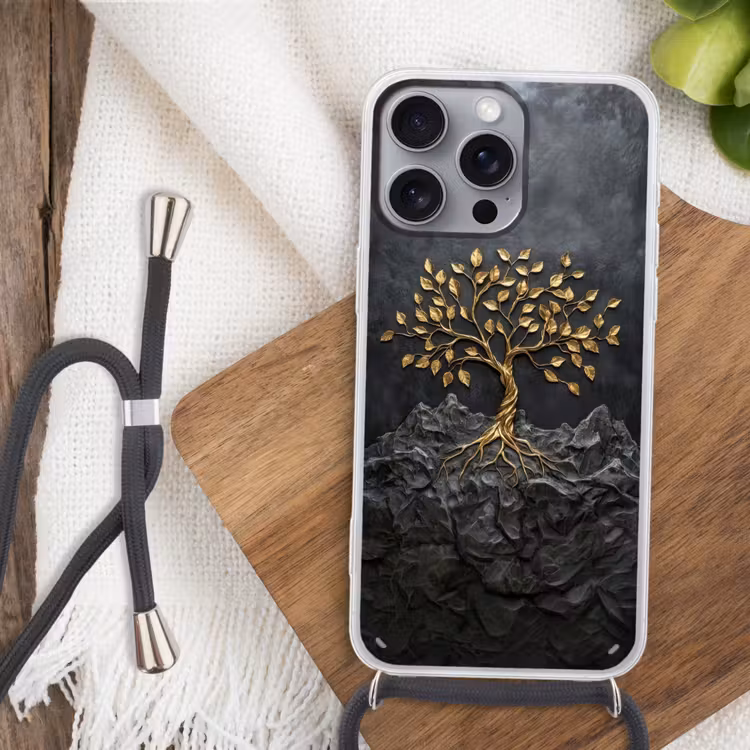 Bladeren - Goud - Boom - Rots Hoesje iPhone 16 Pro Max met koord klein -sfeer4