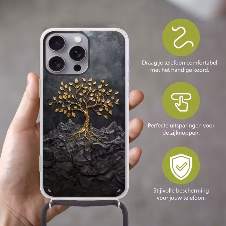 Bladeren - Goud - Boom - Rots Hoesje iPhone 16 Pro Max met koord klein -sfeer2_NL