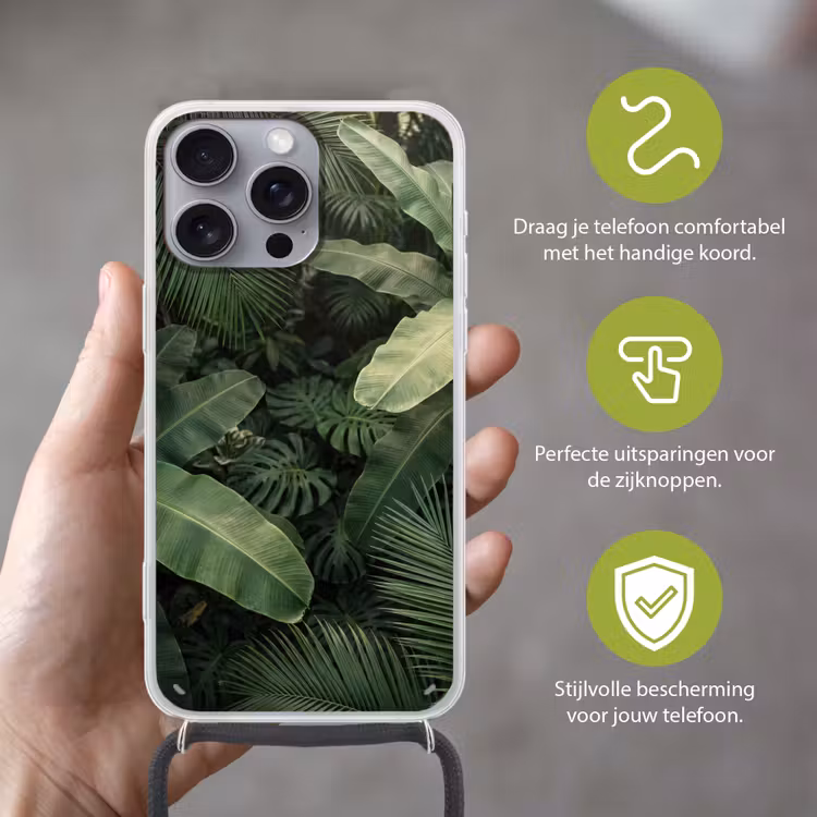 Bladeren - Groen - Tropisch - Natuur Hoesje iPhone 16 Pro Max met koord klein -sfeer2_NL