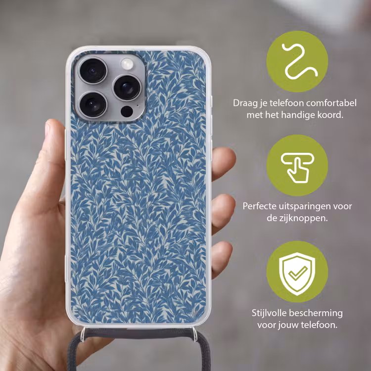 Bladeren - Klassiek - Patroon - Donkerblauw - Vintage Hoesje iPhone 16 Pro Max met koord klein 804 -sfeer2_NL
