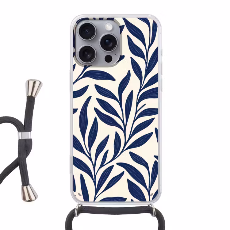 Bladeren - Klimop - Donkerblauw Hoesje iPhone 16 Pro Max met koord klein -3d