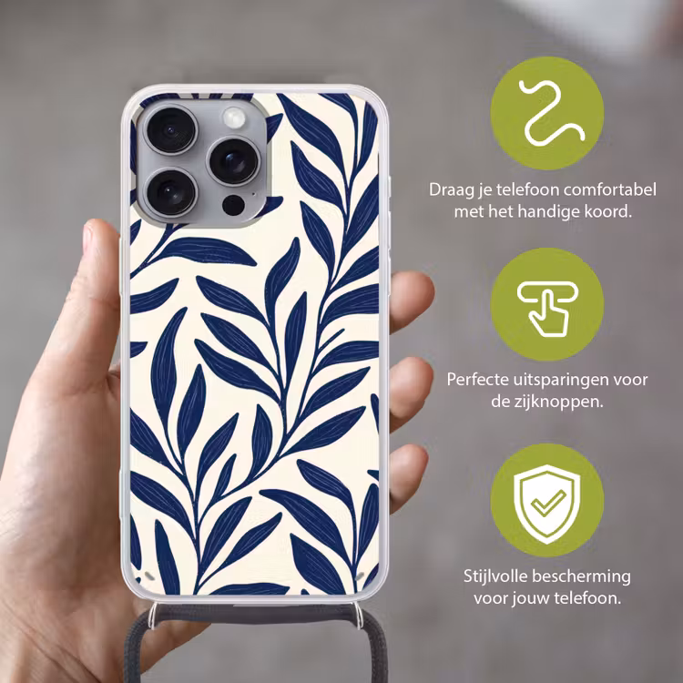 Bladeren - Klimop - Donkerblauw Hoesje iPhone 16 Pro Max met koord klein -sfeer2_NL