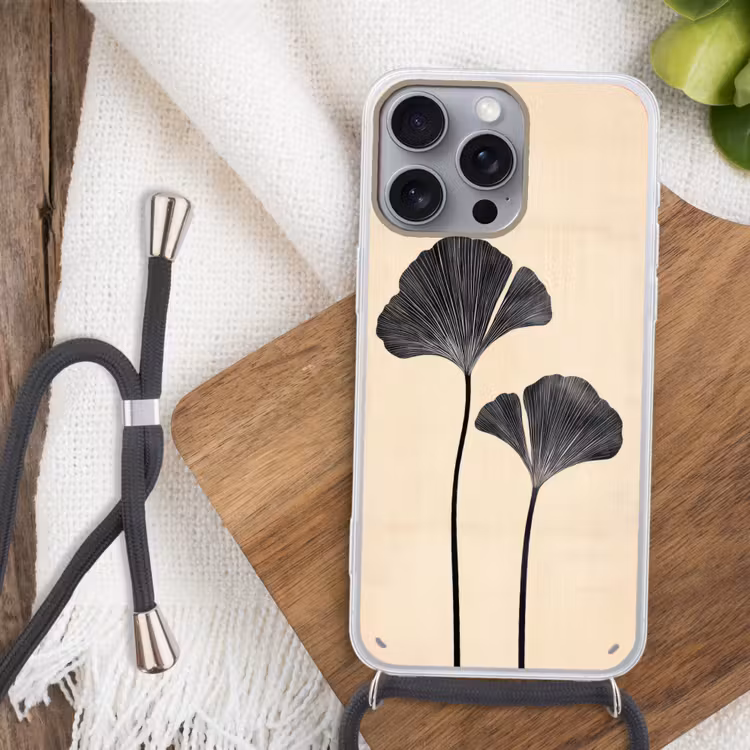 Bladeren - Minimalistisch - Zwart Hoesje iPhone 16 Pro Max met koord klein -sfeer4