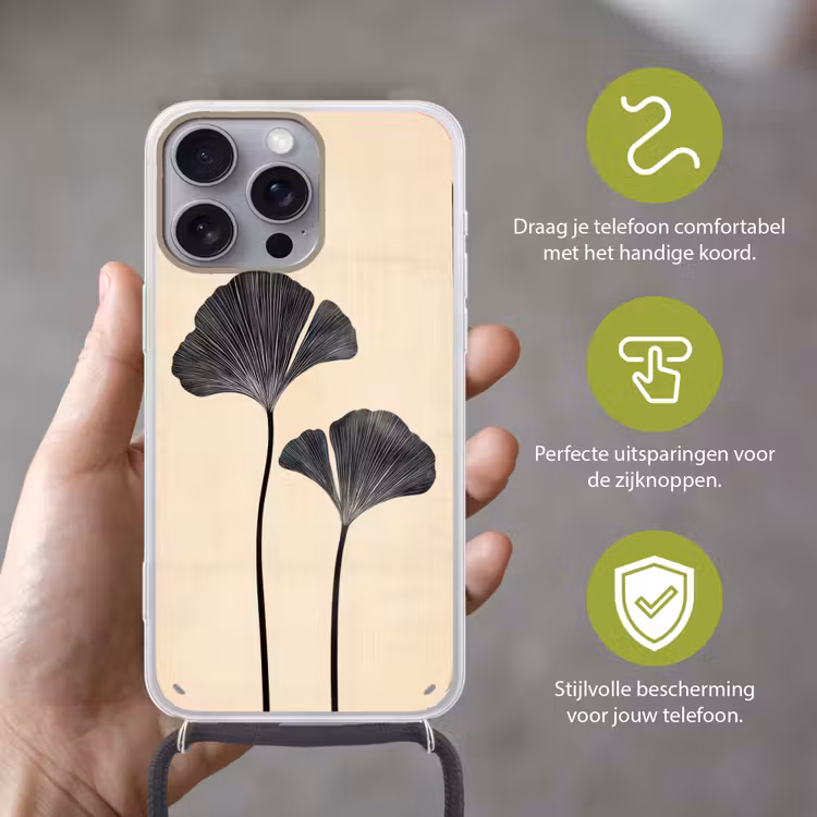 Bladeren - Minimalistisch - Zwart Hoesje iPhone 16 Pro Max met koord klein -sfeer2_NL