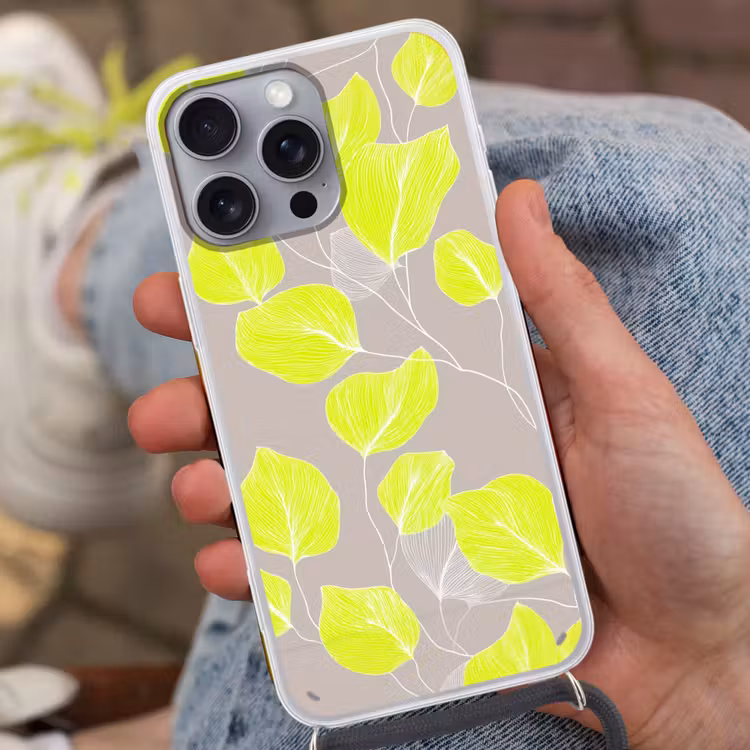 Bladeren - Neon - Geel - Lijnen Hoesje iPhone 16 Pro Max met koord klein -sfeer3
