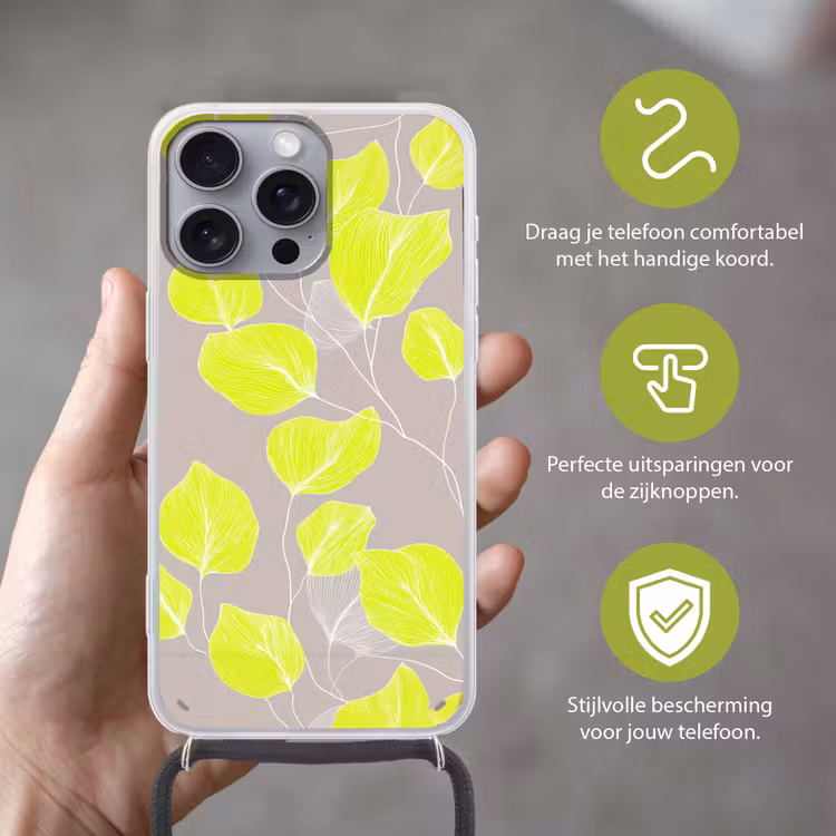 Bladeren - Neon - Geel - Lijnen Hoesje iPhone 16 Pro Max met koord klein -sfeer2_NL