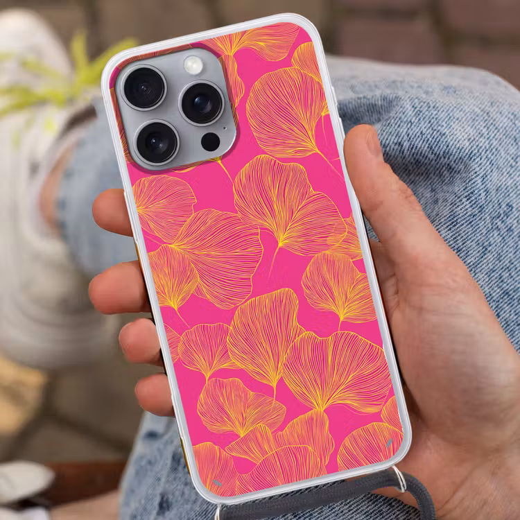 Bladeren - Nerven - Grafisch - Roze Hoesje iPhone 16 Pro Max met koord klein -sfeer3