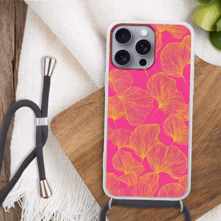 Bladeren - Nerven - Grafisch - Roze Hoesje iPhone 16 Pro Max met koord klein -sfeer4