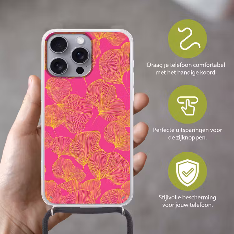 Bladeren - Nerven - Grafisch - Roze Hoesje iPhone 16 Pro Max met koord klein -sfeer2_NL