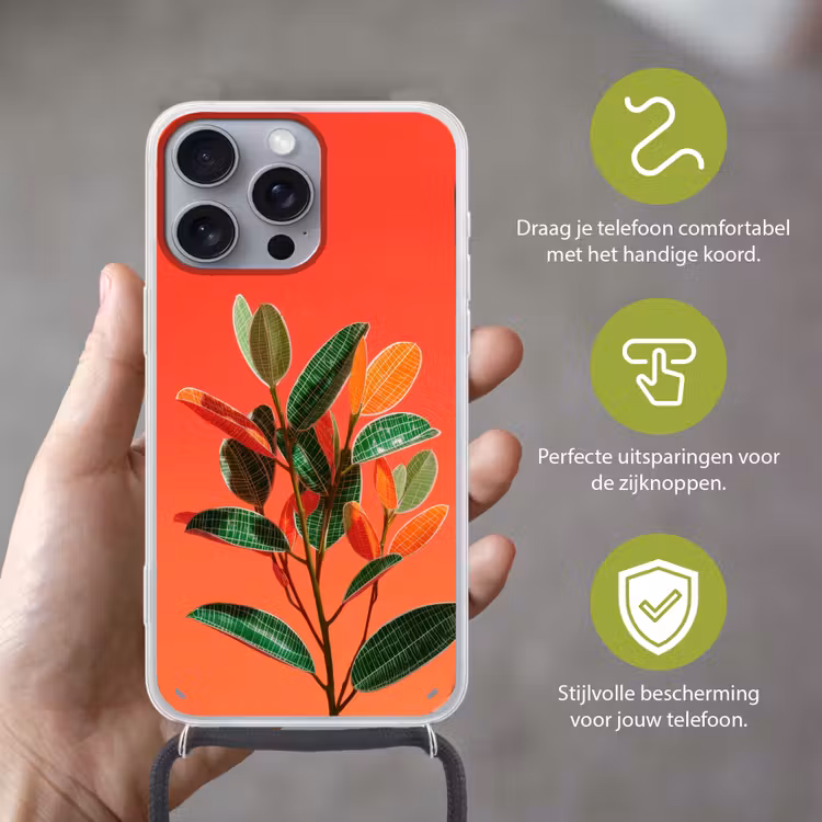Bladeren - Nerven - Oranje - Structuur Hoesje iPhone 16 Pro Max met koord klein -sfeer2_NL