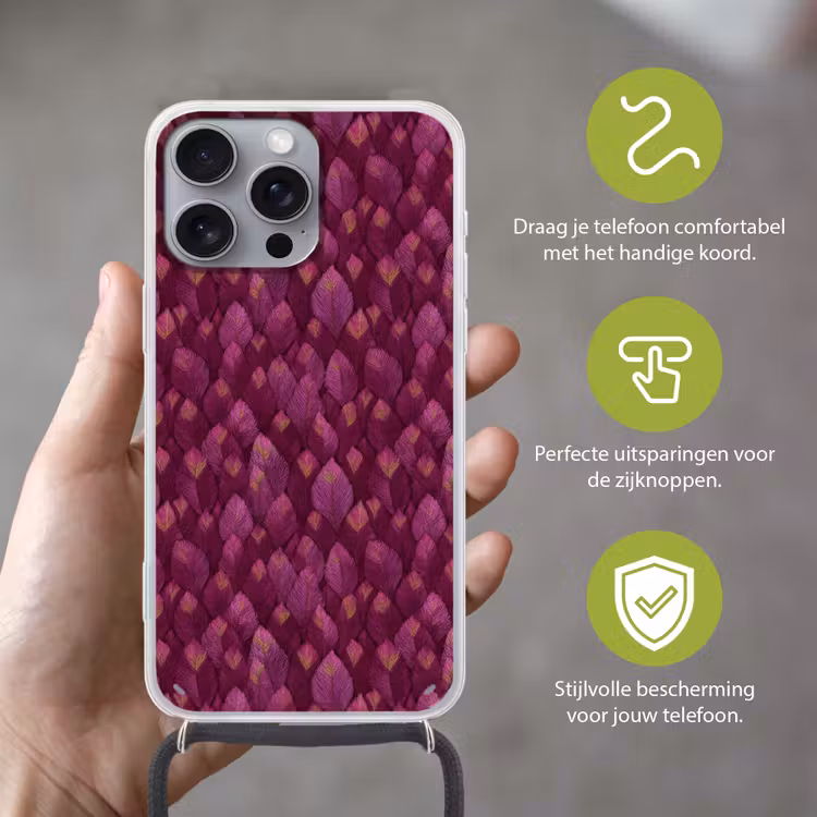 Bladeren - Patroon - Burgundy Hoesje iPhone 16 Pro Max met koord klein 804 -sfeer2_NL