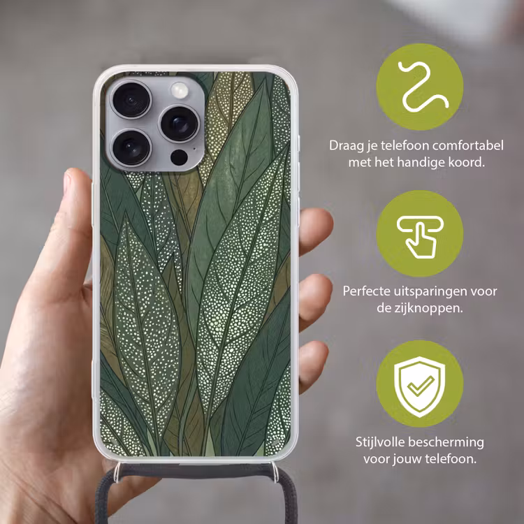 Bladeren - Patroon - Gestippeld - Natuur - Groen Hoesje iPhone 16 Pro Max met koord klein -sfeer2_NL