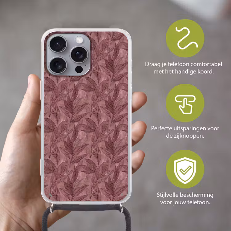 Bladeren - Patroon - Paars Hoesje iPhone 16 Pro Max met koord klein 804 -sfeer2_NL