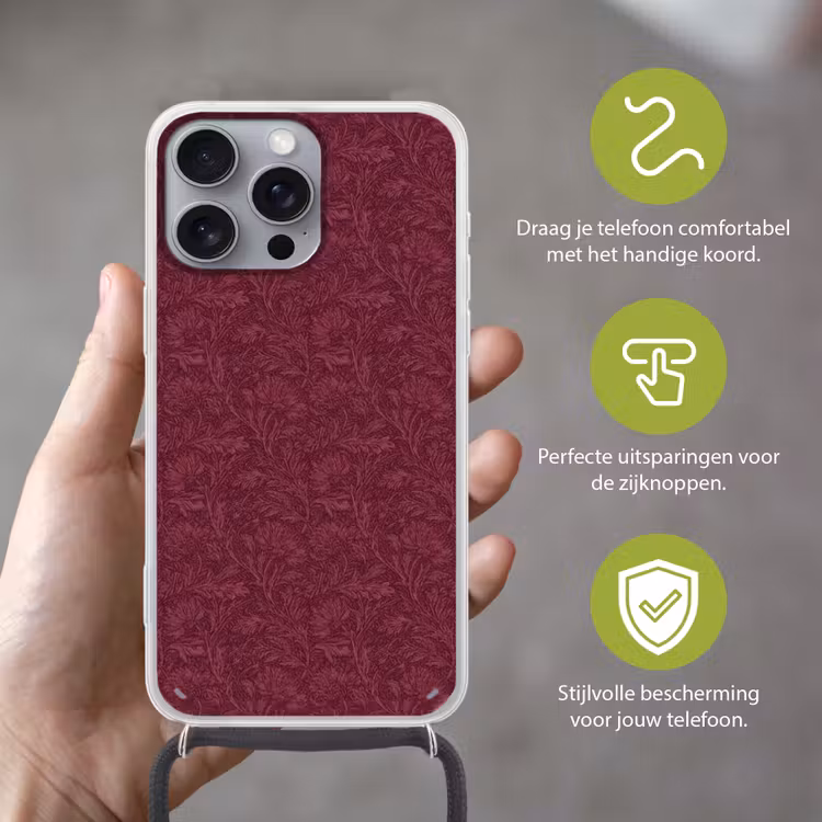 Bladeren - Patroon - Paars Hoesje iPhone 16 Pro Max met koord klein 804 -sfeer2_NL