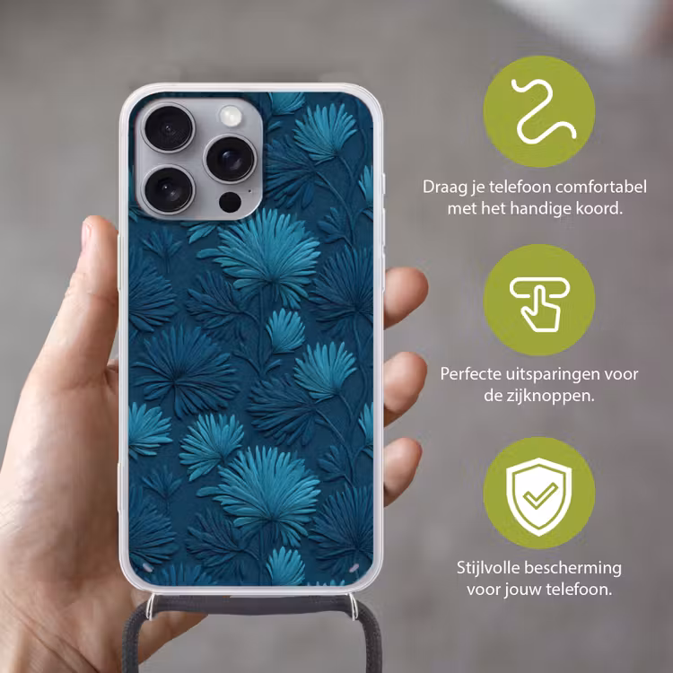 Bladeren - Reliëf - Patroon - Oceaanblauw - Modern Hoesje iPhone 16 Pro Max met koord klein 804 -sfeer2_NL