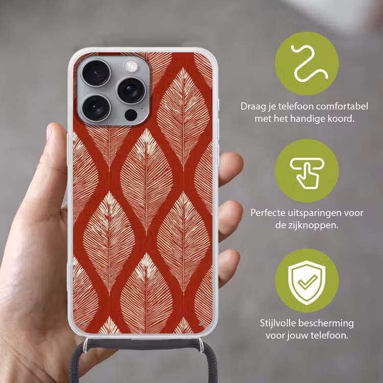 Bladeren - Rood - Elegant Hoesje iPhone 16 Pro Max met koord klein -sfeer2_NL