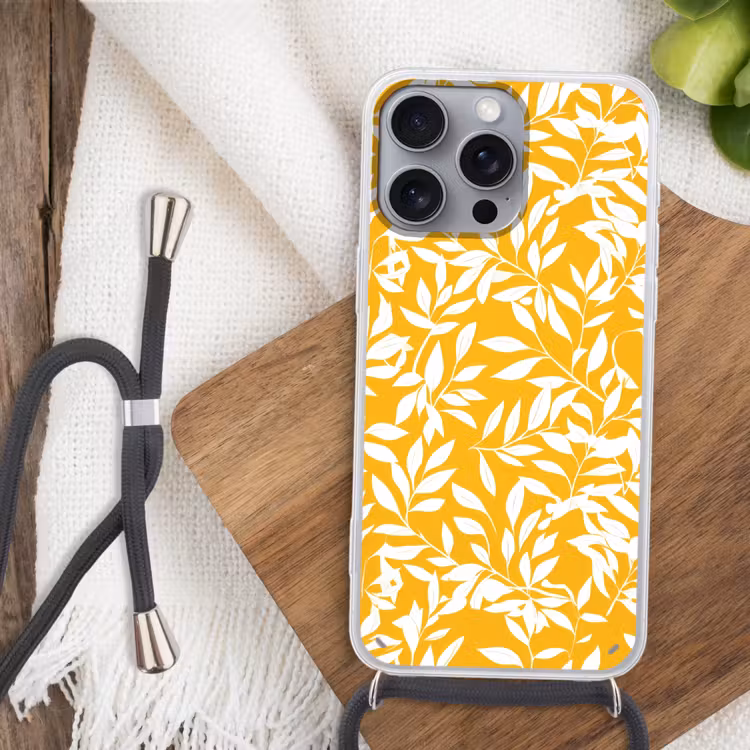 Bladeren - Takken - Geel Hoesje iPhone 16 Pro Max met koord klein -sfeer4