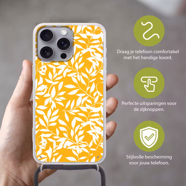 Bladeren - Takken - Geel Hoesje iPhone 16 Pro Max met koord klein -sfeer2_NL