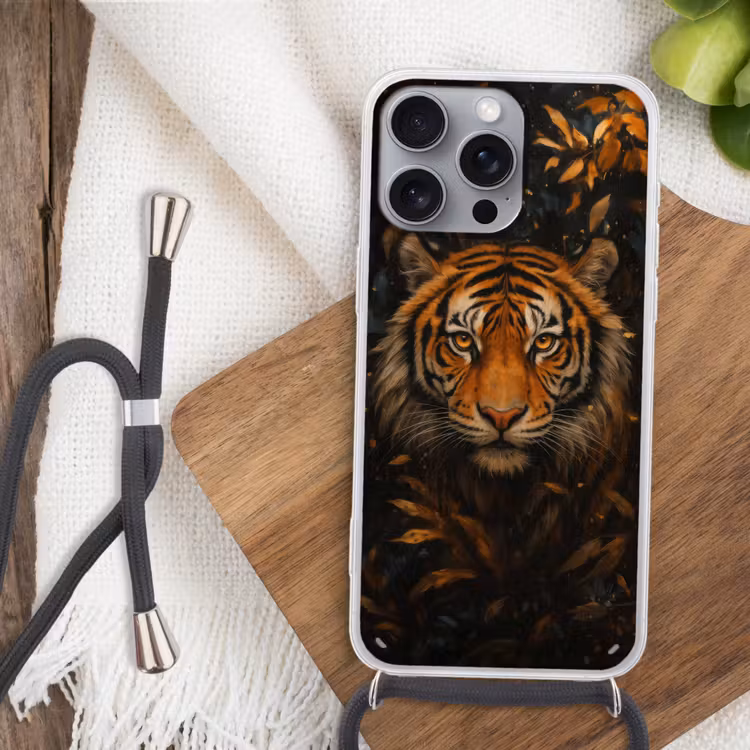 Bladeren - Tijger - Oranje Hoesje iPhone 16 Pro Max met koord klein -sfeer4